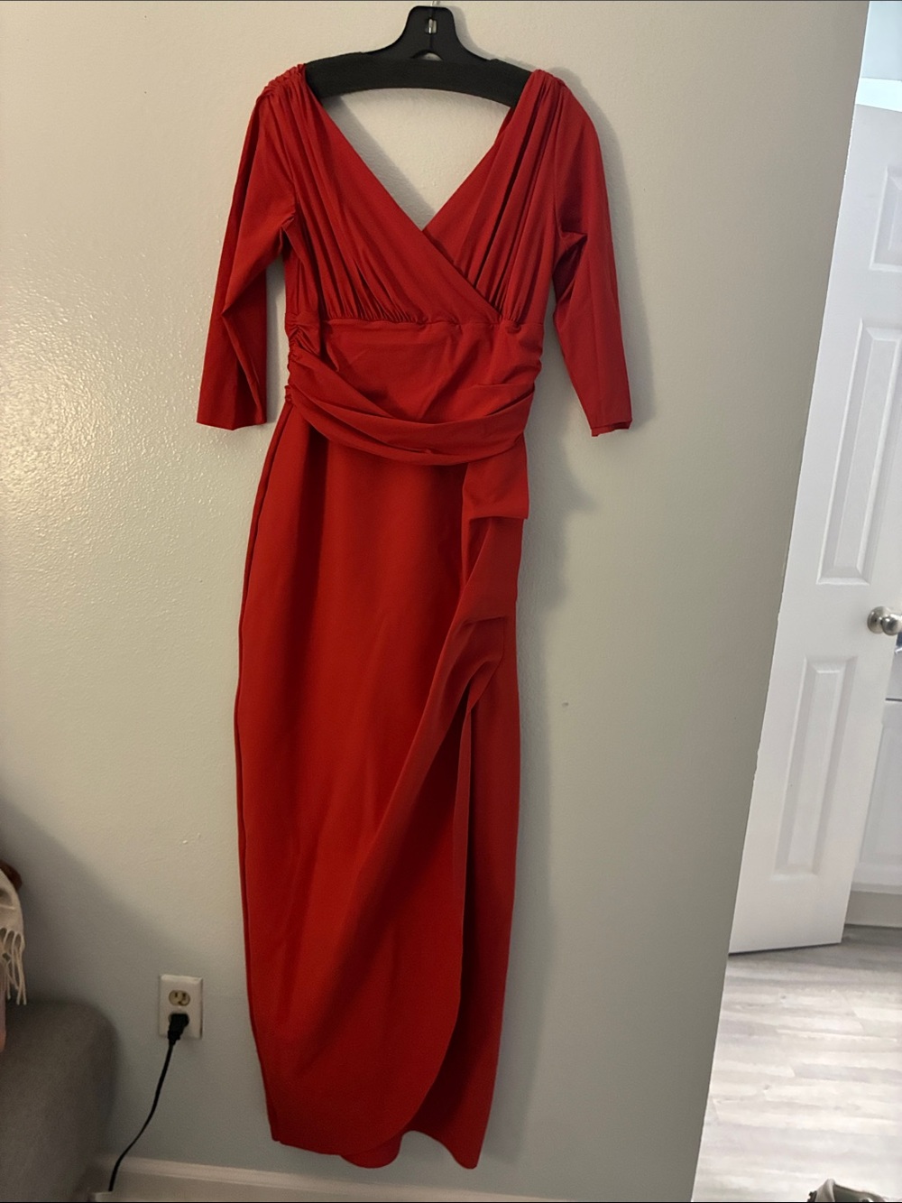 Chiara Boni Red Long-Sleeve Draped V-Neck Evening Gown